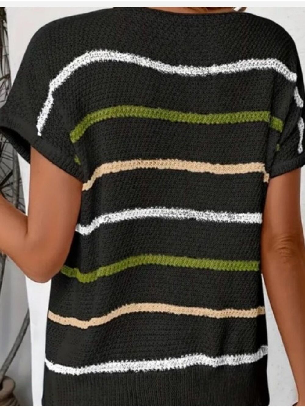 Off-Shoulder Black Stripe Knit Sweater with Green and Cream Accents - Picture 2 of 2
